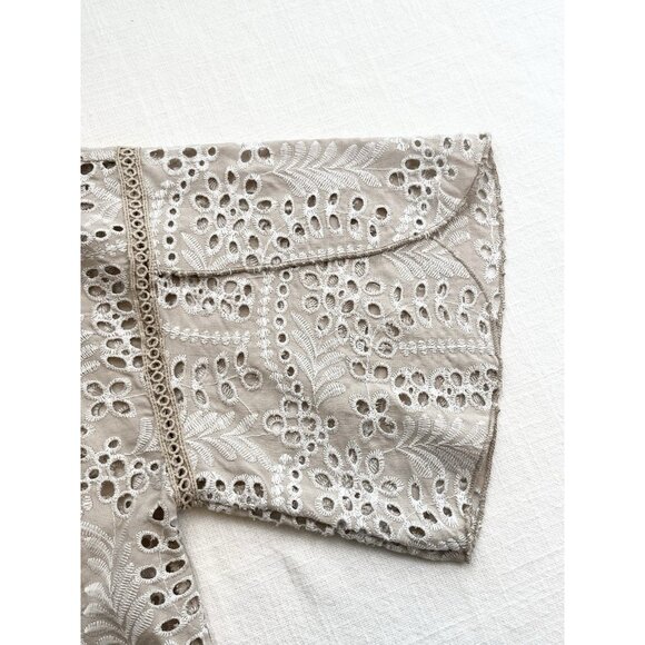 Tribal Jeans Women’s Embroidered Eyelet Blouse Size‎ M  Feminine Summer Oatmeal - Picture 4 of 8